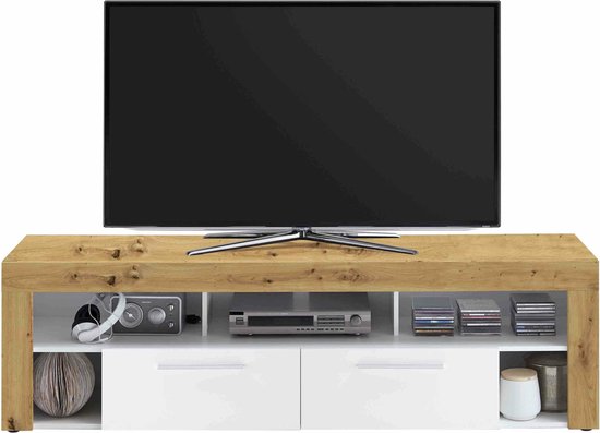 TV-meubel Enrico Wit Artisan Eiken - Breedte 180 cm - Hoogte 52.8 cm - Diepte 41.3 cm - Met lades - Met planken - Zonder deuren