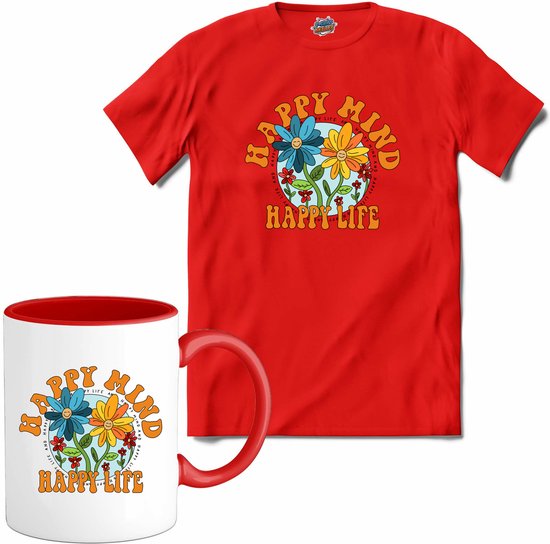 Flower Power - Happy Mind Happy Life - Vintage Aesthetic - T-Shirt met mok - Meisjes - Rood - Maat 12 jaar