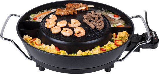 Tristar Elektrische Hotpot PZ-9131 – Chinese Fondue – Korean BBQ en Grillplaat – Inclusief gratis fonduevorkjes, fonduenetjes en tang - Zwart
