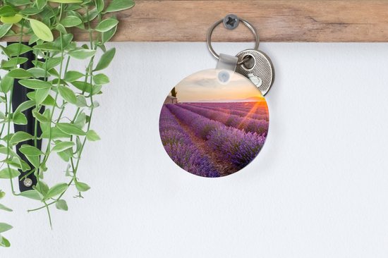 Porte-clés - Lavande - Coucher de soleil - Fleurs - Violet - Plastique - Rond - Cadeaux à distribuer