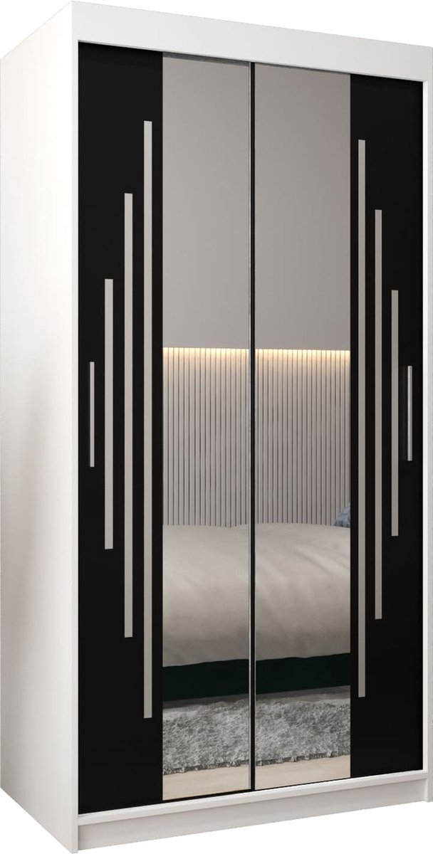 InspireME Kledingkast met 2 schuifdeuren, Modern-stijl, Een kledingkast met planken en een spiegel (BxHxD): 100x200x62 - MALTESE I 100 Wit Mat + Zwart
