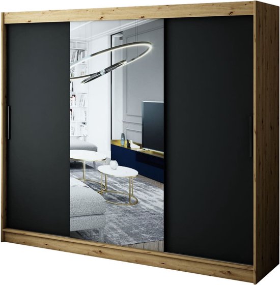 InspireMe - Kledingkast met 3 schuifdeuren, Modern-stijl, Een kledingkast met planken en een spiegel (BxHxD): 250x200x62 - JARED T1 250 Artisan Eik + Zwart Mat