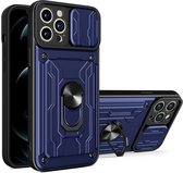 Geschikt voor iPhone 12 Pro Max hoesje met pashouder - camera bescherming cover en ring houder – Blauw – oTronica