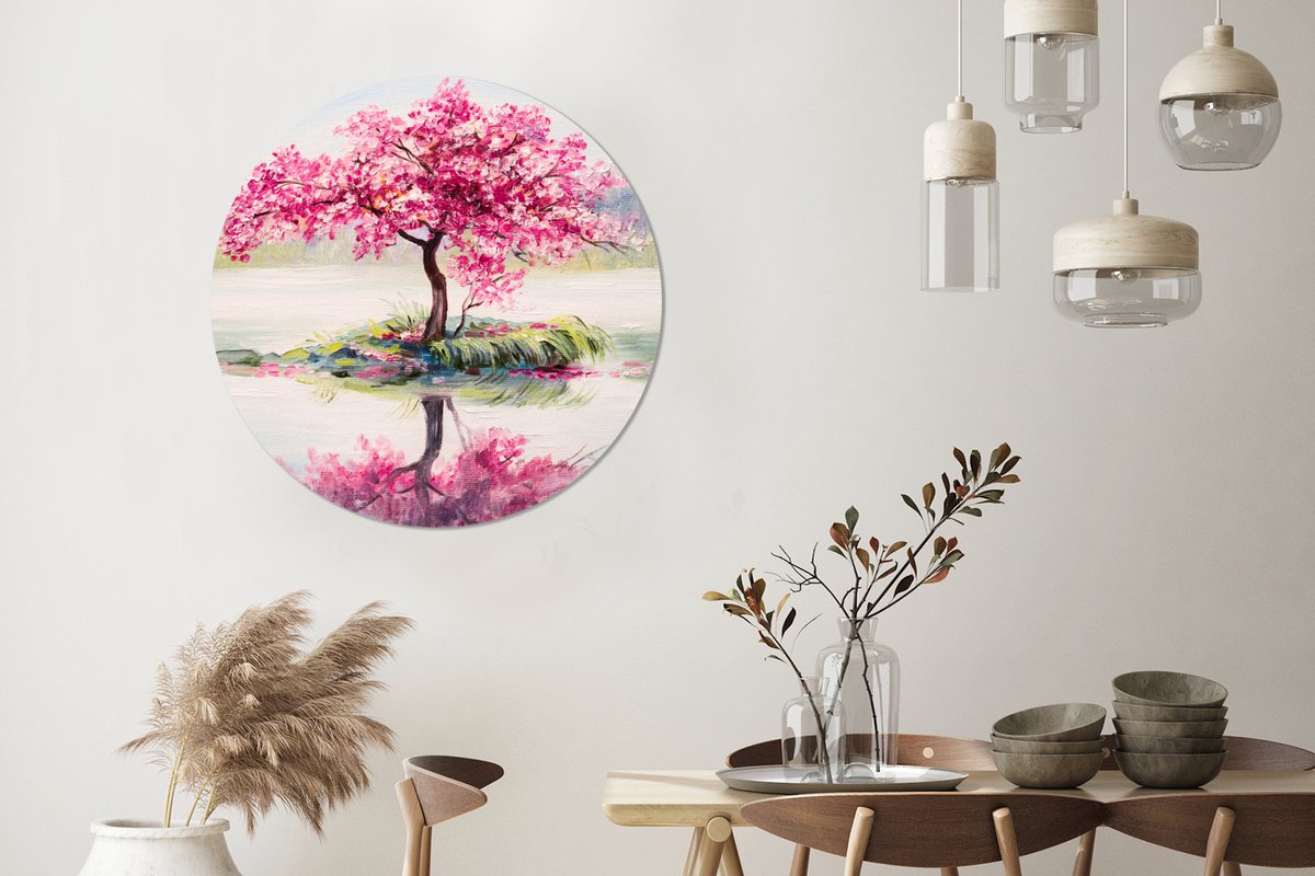 WallCircle - Wandcirkel - Muurcirkel - Schilderij - Bloesem - Bloesemboom - Water - Olieverf - Aluminium - Dibond - 90x90 cm - Binnen en Buiten