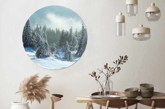 WallCircle - Wandcirkel - Muurcirkel - Bos - Sneeuw - Winter - Aluminium - Dibond - ⌀ 120 cm - Binnen en Buiten XXL