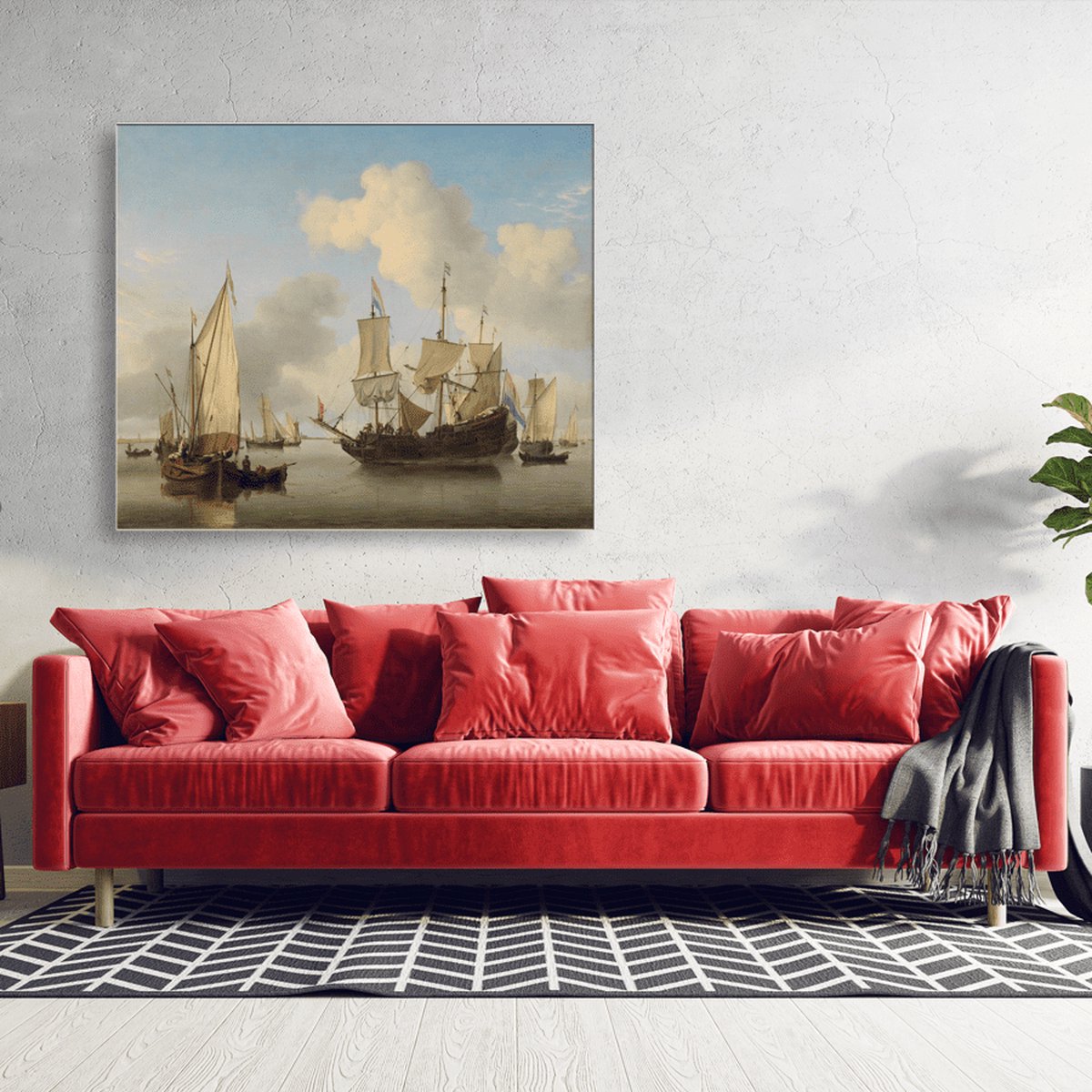 Wanddecoratie / Schilderij / Poster / Doek / Schilderstuk / Muurdecoratie / Fotokunst / Tafereel Schepen onder de kust voor anker - Willem van de Velde (II) gedrukt op Geborsteld aluminium