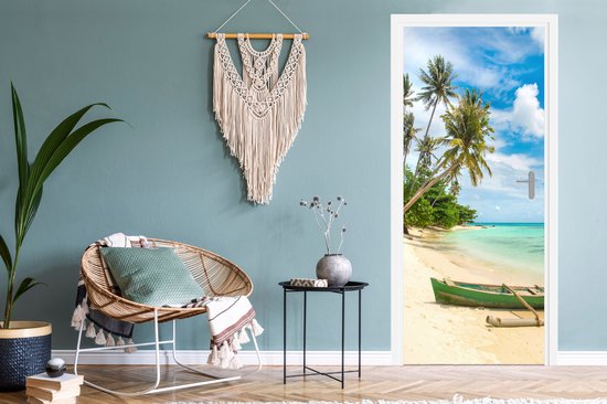 Deurposter 95x215 cm - Deursticker Strand - Kano - Palmboom - Tropical - Meubelfolie zelfklevend - Deurfolie woonkamer - Interieurfolie fotobehang - Deur plakfolie - Deurstickers - Deurbehang sticker - Kamer decoratie