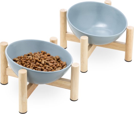 Navaris verhoogde voerbakset met standaard - 2 melamine voerbakken incl. houder met opslagruimte voor voer - Standaard met ingebouwde doos