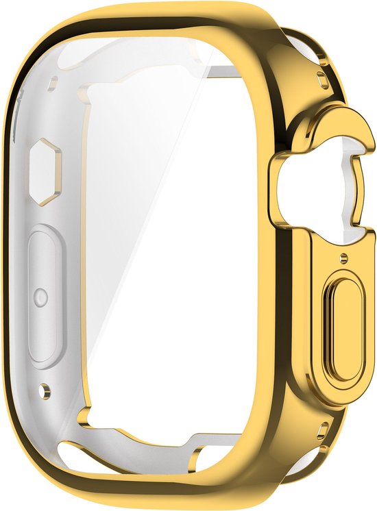 Gouden Apple Watch Ultra hoesje, doorzichtig scherm. Zilveren binnenkant.