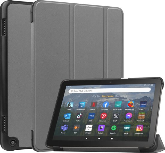 Case2go - Tablet hoes geschikt voor Amazon Fire 8 HD (2022) - 8 Inch Tri-fold cover - Met Touchpad & Stand functie - Grijs