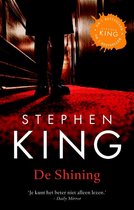 Boekomslag van 'De Shining' met de tekst 'Stephen King' en 'De Shining' en een persoon op een rode trap.