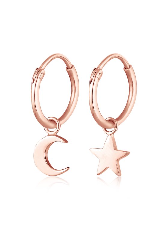 Elli Dames Oorbellen Dames Creoles Star Crescent Astro Look in 925 Sterling Silver Rose Gold Plated