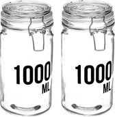 2x stuks inmaakpotten/voorraadpotten 1L glas met beugelsluiting - 1000 ml - Voorraadpotten met luchtdichte sluiting