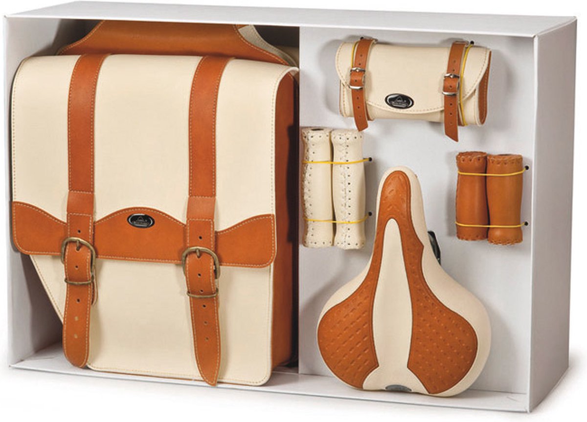 Selle Monte Grappa Vintage SMG set - Zadel / Zadeltas / Handvatten / Dubbele fietstas - 4-delig - Leer - Wit / Lichtbruin
