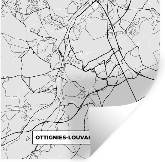 Plan de ville en noir et blanc d'Ottignies-Louvain-la-Neuve avec un coin replié montrant le verso.
