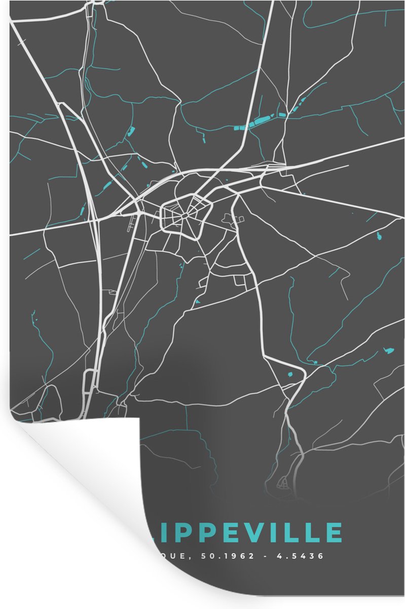 Muurstickers - Sticker Folie - België – Philippeville – Stadskaart – Kaart – Blauw – Platt