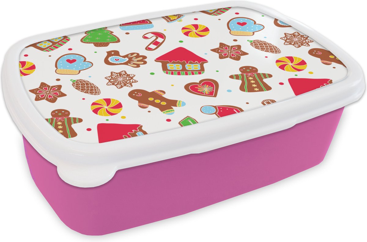 Broodtrommel Roze - Lunchbox - Brooddoos - Patronen - Eten - Kerst - 18x12x6 cm - Kinderen - Meisje