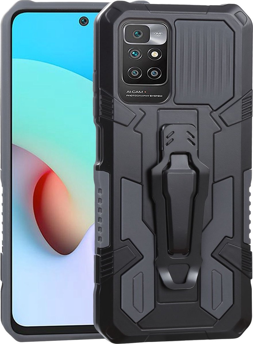 Mobigear Hoesje geschikt voor Xiaomi Redmi 10 4G Telefoonhoesje Hardcase | Mobigear Armor Stand Backcover Shockproof met Standaard | Schokbestendig Redmi 10 4G Telefoonhoesje | Anti Shock Proof - Grijs