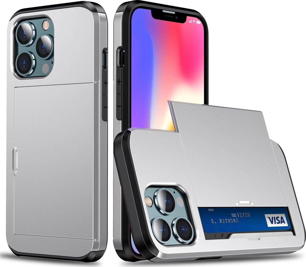 Mobigear Card Telefoonhoesje geschikt voor Apple iPhone 13 Mini Hoesje Hardcase Backcover Shockproof met Pasjeshouder - Zilver