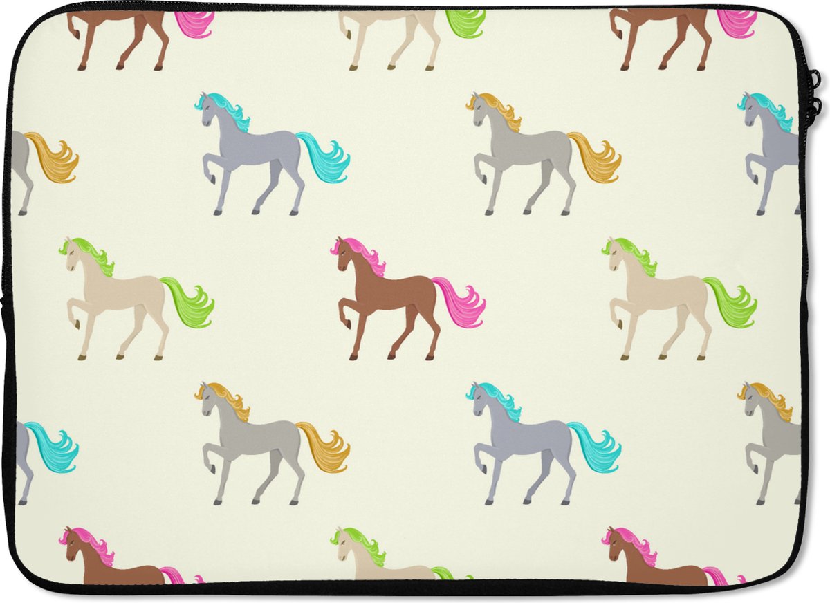 Laptophoes 14 inch - Meiden - Paarden - Patronen - Girl - Kids - Kinderen - Laptop sleeve - Binnenmaat 33x23 cm - Zwarte achterkant