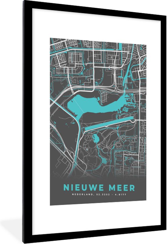 Cadre photo avec affiche - Nederland - Water - Plan de la ville - Carte - Nieuwe Meer - Carte - 60x90 cm - Cadre pour affiche