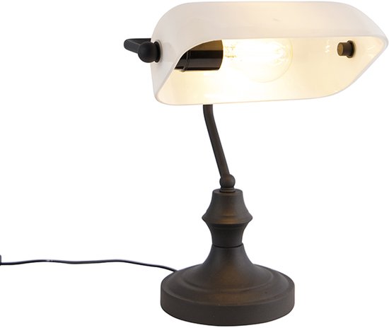 Lampe de banquier avec abat-jour blanc et base en métal foncé.