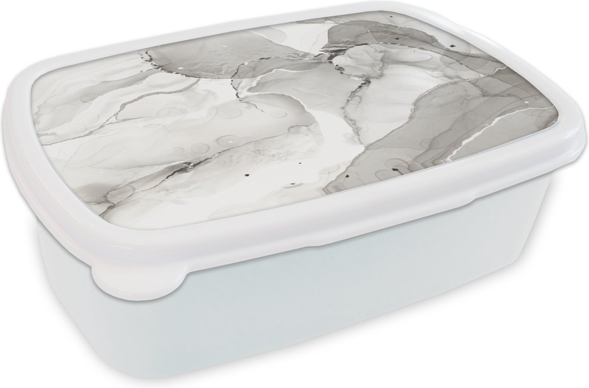 Broodtrommel Wit - Lunchbox - Brooddoos - Marmer - Zwart - Wit - 18x12x6 cm - Volwassenen