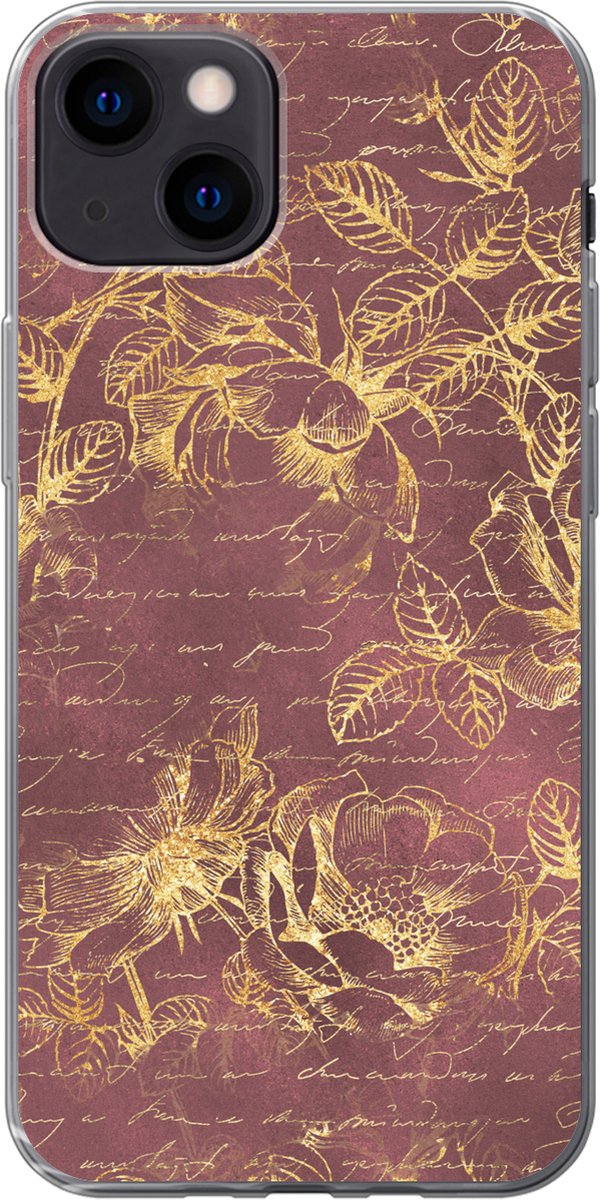 Telefoonhoesje Geschikt voor iPhone 13 hoesje - Bloemen - Bladeren - Gold - Siliconen Telefoonhoesje Telefoonhoesje