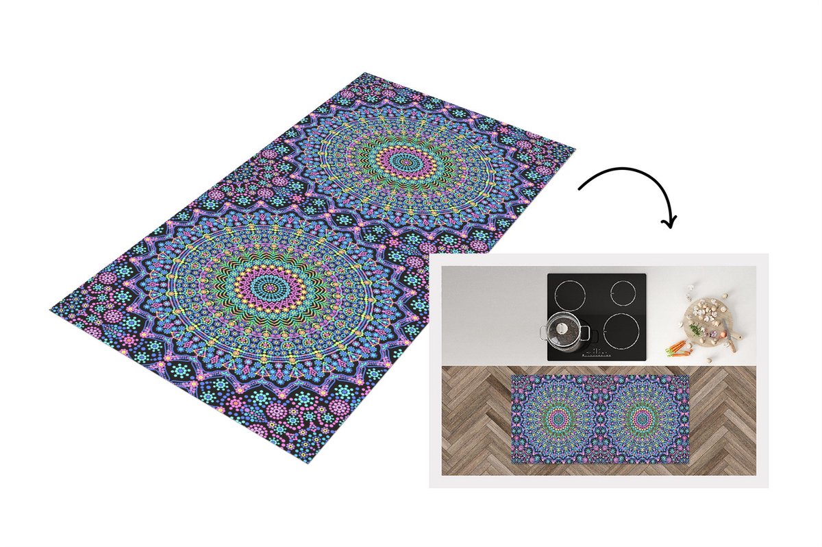 KitchenYeah Keukenloper - Loper keuken - Mandala - Hippie - Regenboog - Neon - Patronen - 120x60 cm - Keukenloper vinyl Multicolor