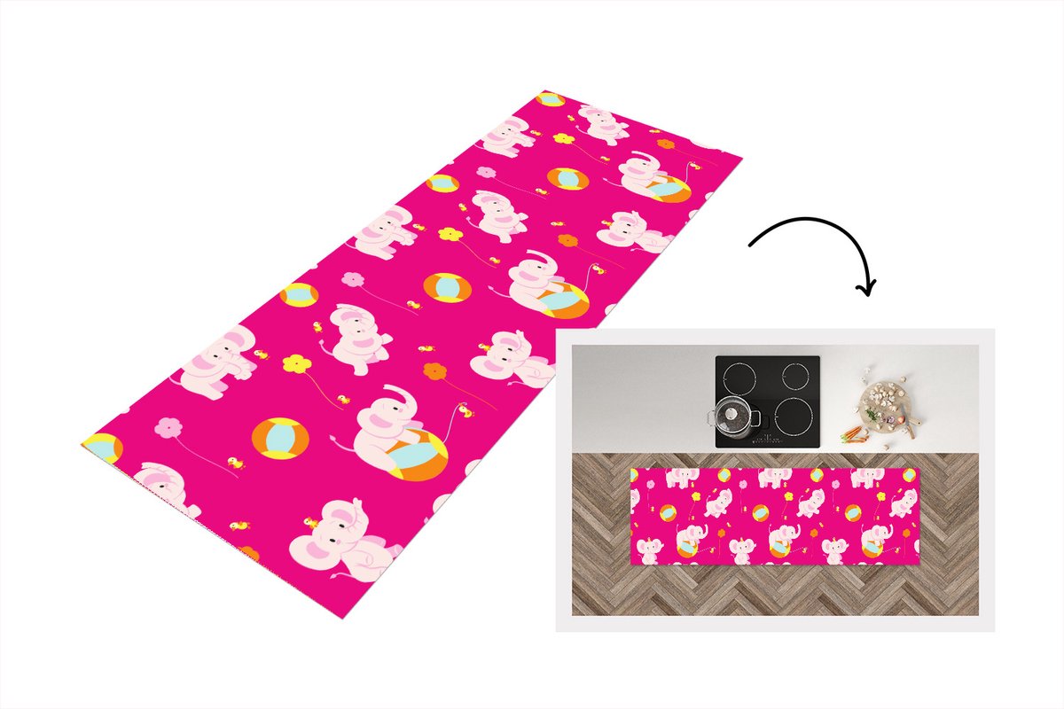 KitchenYeah Keukenloper - Loper keuken - Olifant - Bloemen - Patronen - 180x60 cm - Keukenloper vinyl Multicolor