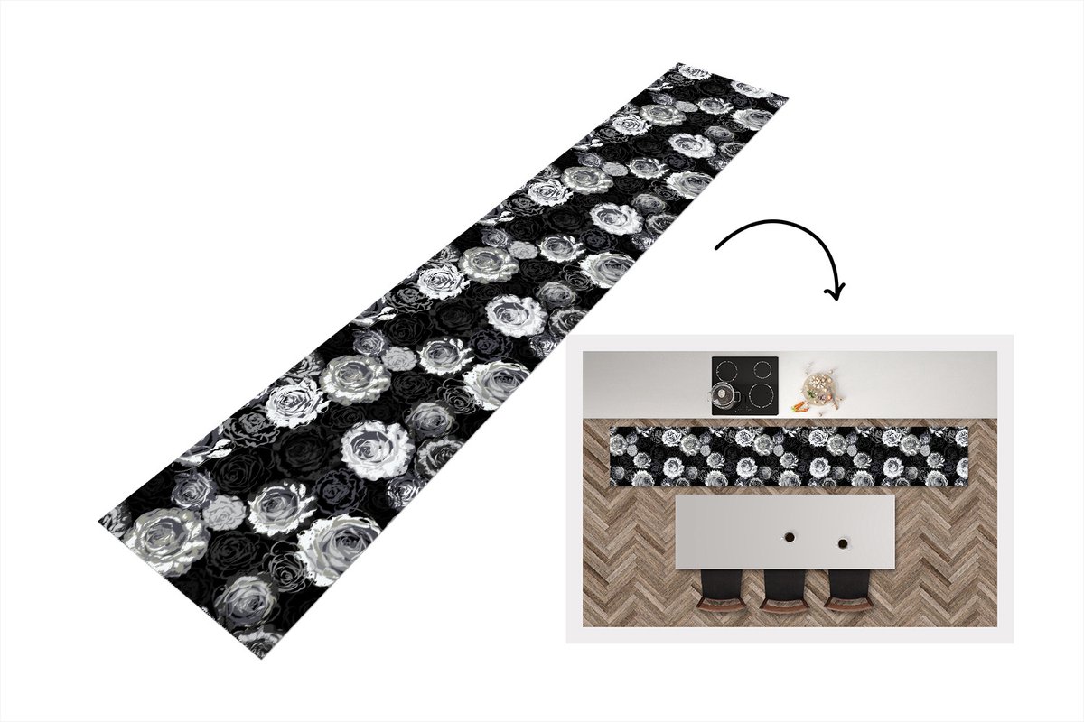 KitchenYeah Keukenloper - Loper keuken - Rozen - Zwart Wit - Patronen - Keukenloper vinyl, foto 5