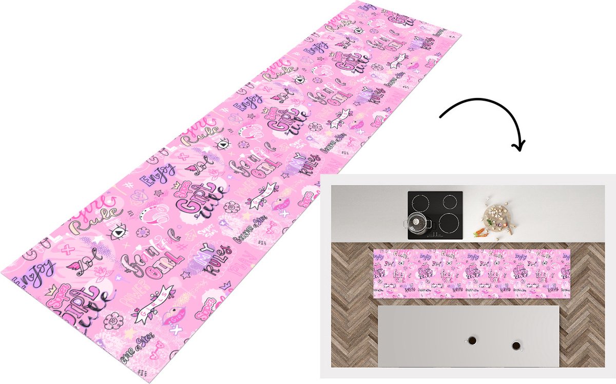 KitchenYeah Keukenloper - Loper keuken - Meisjes - Tiener - Roze - Quotes - Patronen - 200x50 cm - Keukenloper vinyl Multicolor