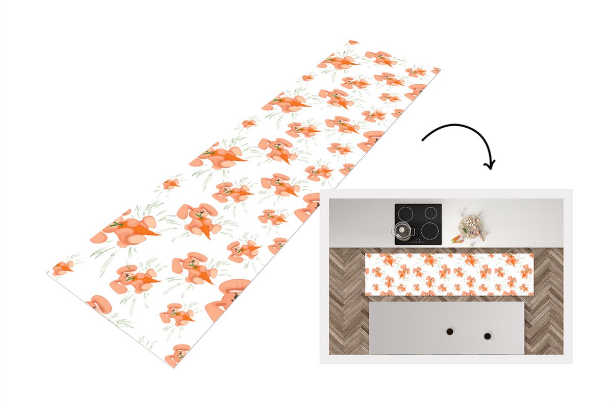 KitchenYeah Keukenloper - Loper keuken - Konijnen - Groente - Patronen - 240x60 cm - Keukenloper vinyl Multicolor