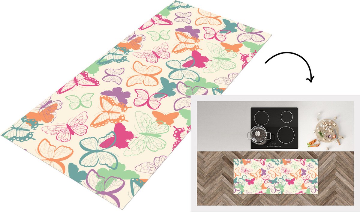 KitchenYeah Keukenloper - Loper keuken - Vlinders - Patronen - Insecten - 120x50 cm - Keukenloper vinyl Multicolor