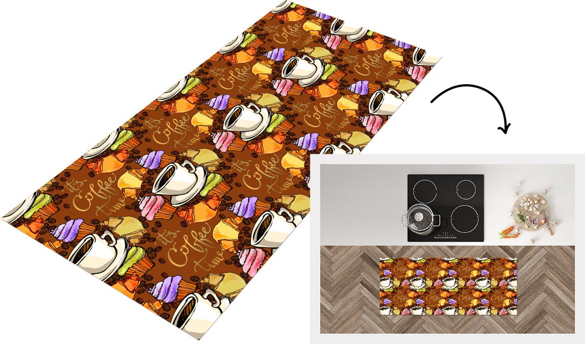 KitchenYeah Keukenloper - Loper keuken - Koffie - Croissant - Patronen - Ontbijt - 120x50 cm - Keukenloper vinyl Multicolor