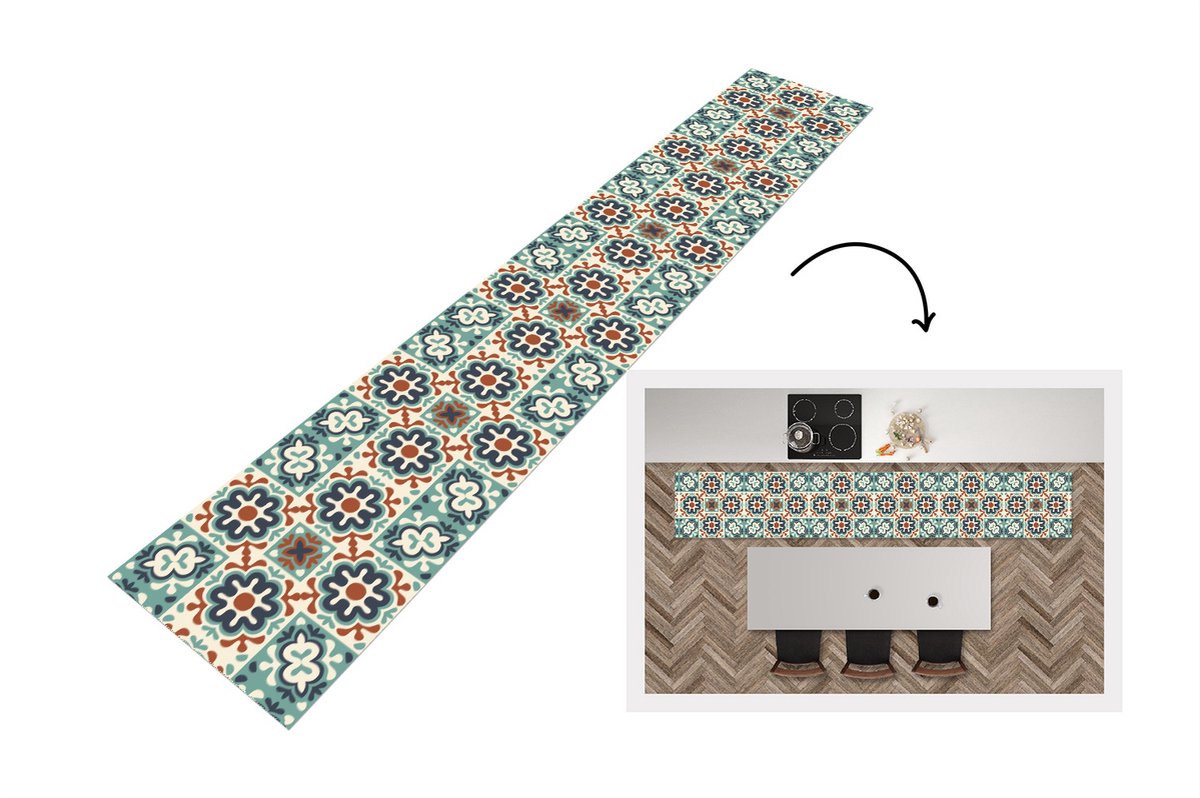 KitchenYeah Keukenloper - Loper keuken - Bloem - Ornament - Patroon - 300x50 cm - Keukenloper vinyl Multicolor