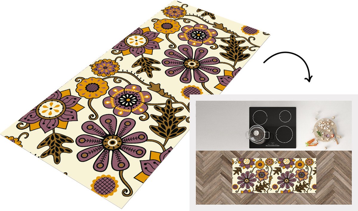 KitchenYeah Keukenloper - Loper keuken - Bloemen - Bohemian - Vintage - Cartoon - 120x50 cm - Keukenloper vinyl Multicolor