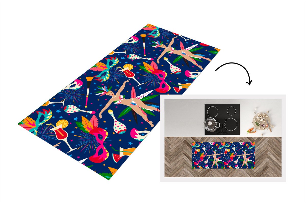 KitchenYeah Keukenloper - Loper keuken - Carnaval - Brazilië - Patronen - 120x50 cm - Keukenloper vinyl Multicolor