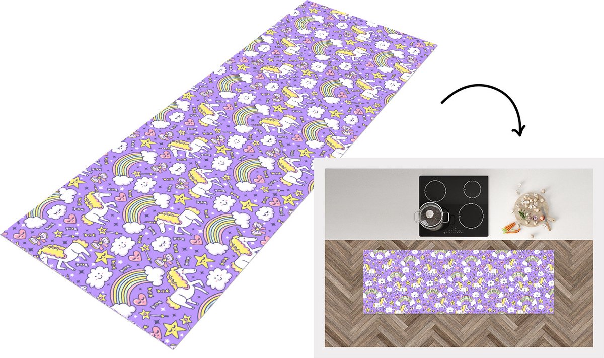 KitchenYeah Keukenloper - Loper keuken - Unicorn - Patroon - Regenboog - Kind - 180x60 cm - Keukenloper vinyl Multicolor