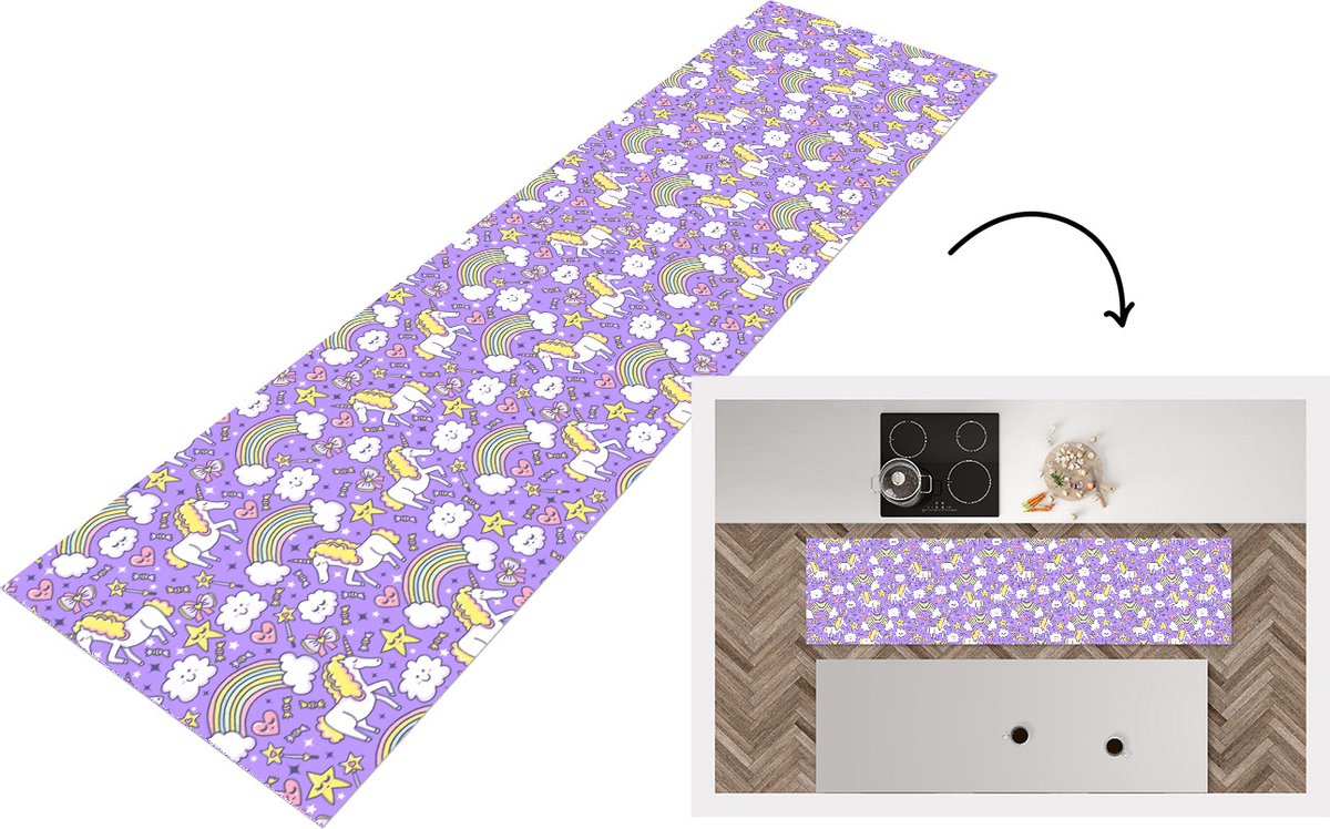 KitchenYeah Keukenloper - Loper keuken - Unicorn - Patroon - Regenboog - Kind - 200x50 cm - Keukenloper vinyl Multicolor