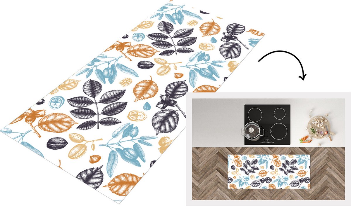 KitchenYeah Keukenloper - Loper keuken - Vintage - Bladeren - Noot - Patronen - 120x50 cm - Keukenloper vinyl Multicolor