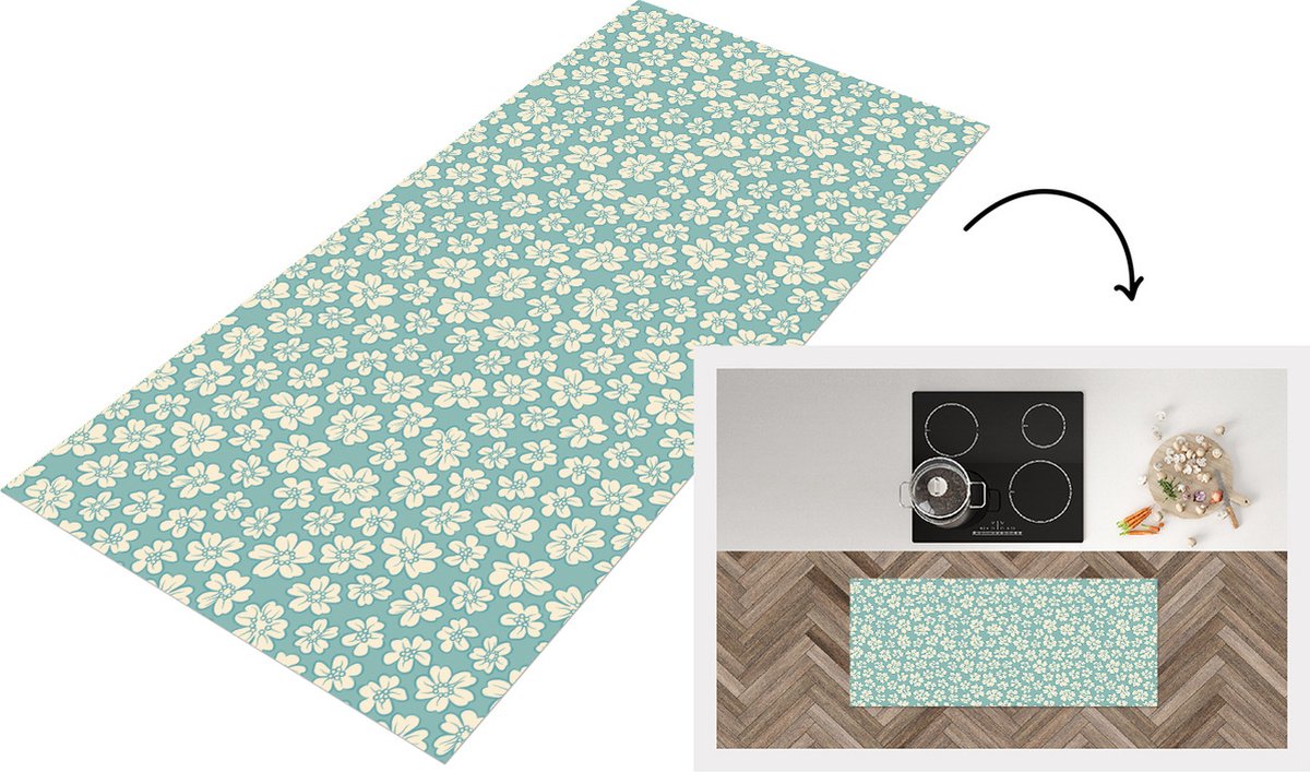 KitchenYeah Keukenloper - Loper keuken - Bloemen - Wit - Vintage - Patronen - 120x50 cm - Keukenloper vinyl Multicolor