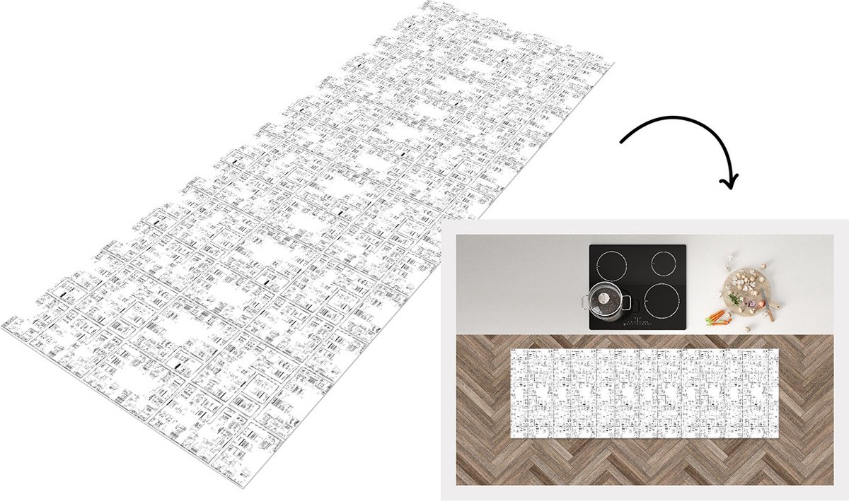 KitchenYeah Keukenloper - Loper keuken - Stadskaart - Patronen - Zwart Wit - 150x50 cm - Keukenloper vinyl - Plattegrond Zwart; Wit