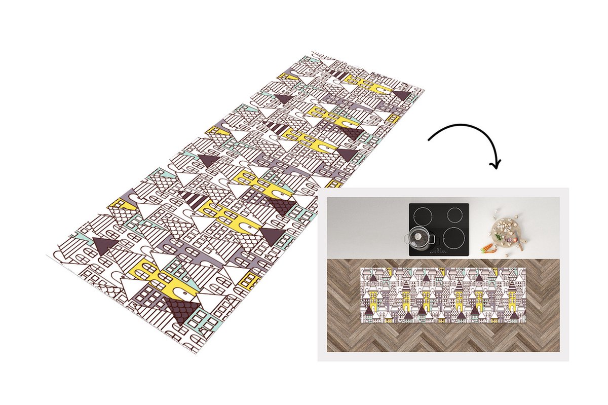 KitchenYeah Keukenloper - Loper keuken - Patronen - Huis - Skyline - 150x50 cm - Keukenloper vinyl Multicolor