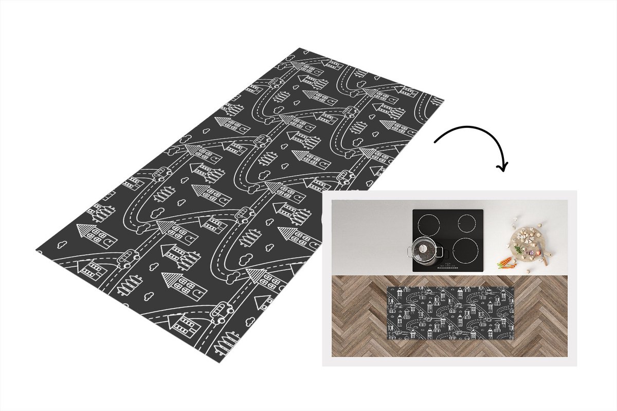 KitchenYeah Keukenloper - Loper keuken - Patronen - Huis - Auto - 120x50 cm - Keukenloper vinyl Multicolor