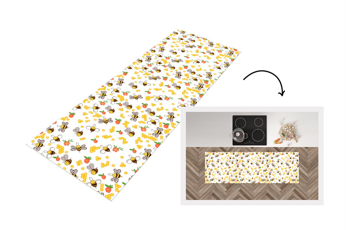 KitchenYeah Keukenloper - Loper keuken - Honing - Bij - Bloemen - Patronen - Lente - 180x60 cm - Keukenloper vinyl Multicolor