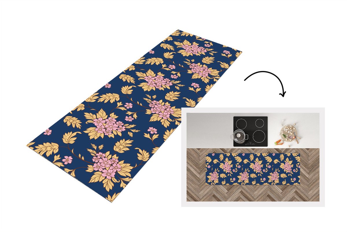 KitchenYeah Keukenloper - Loper keuken - Bloesem - Bladeren - Roze - Goud - Patronen - 150x50 cm - Keukenloper vinyl Multicolor