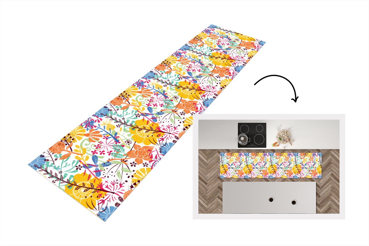 KitchenYeah Keukenloper - Loper keuken - Bloemen - Planten - Regenboog - Patronen - 240x60 cm - Keukenloper vinyl Multicolor