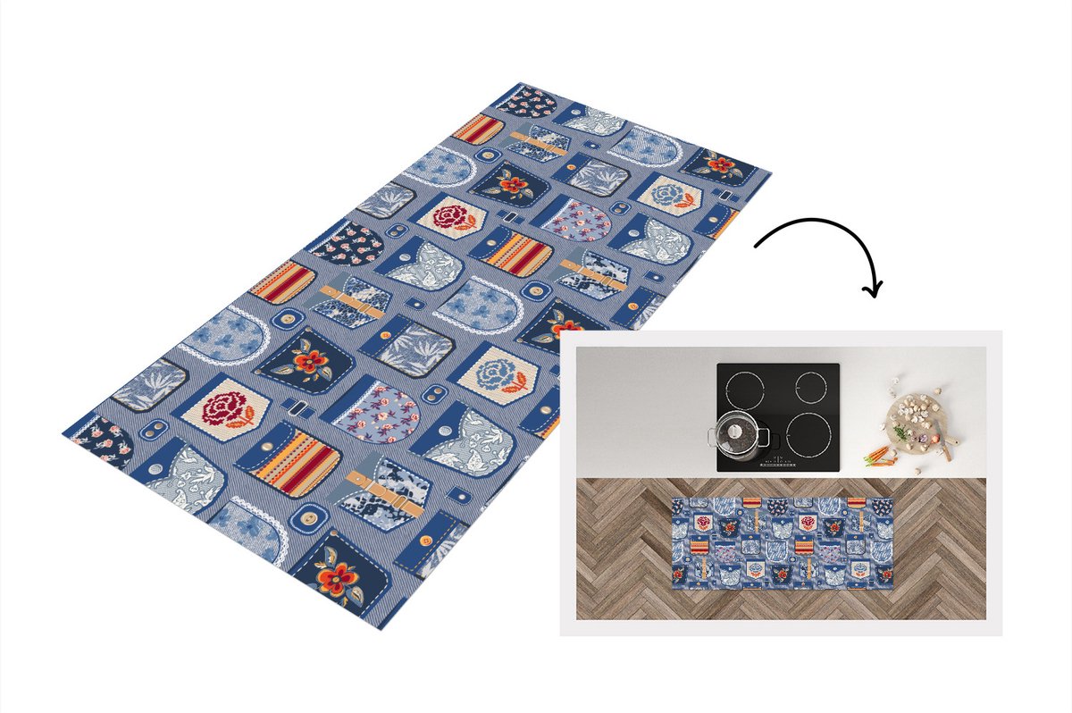 KitchenYeah Keukenloper - Loper keuken - Broek - Denim - Patch - Patronen - Keukenloper vinyl Multicolor