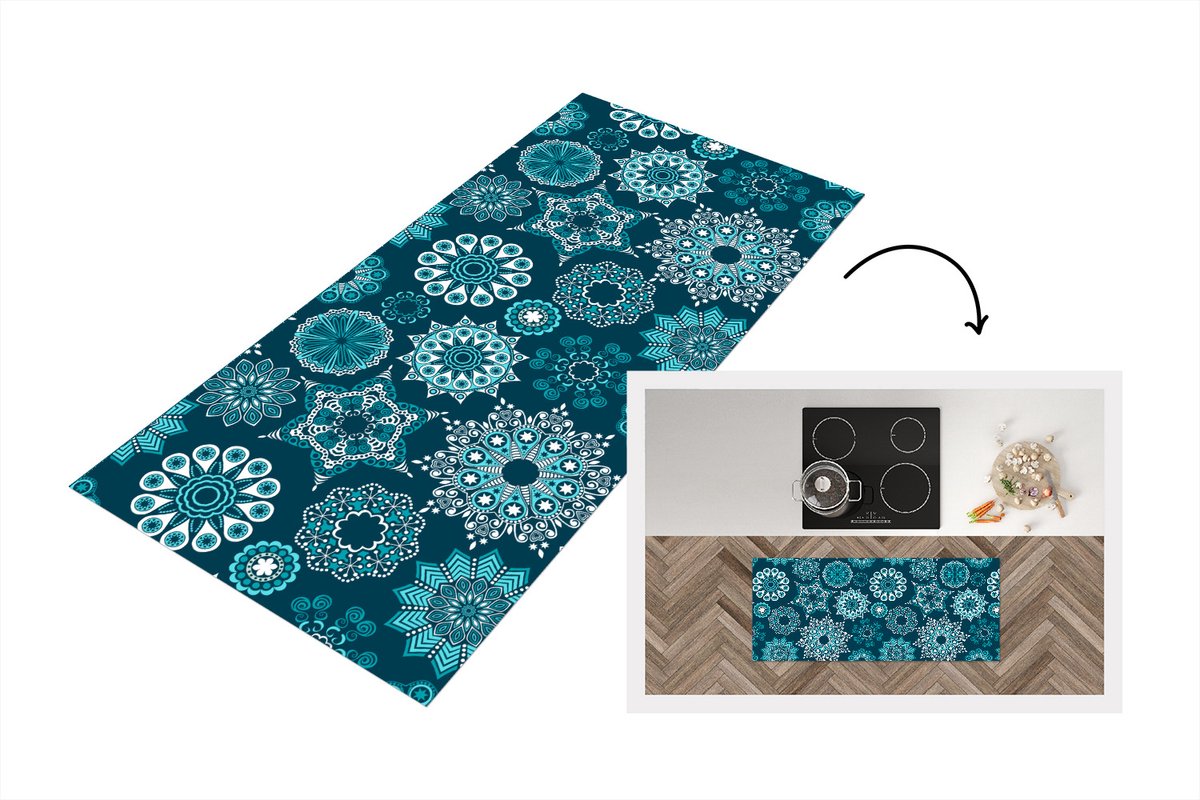 KitchenYeah Keukenloper - Loper keuken - Sneeuwvlok - Luxe - Blauw - Zilver - Design - 120x50 cm - Keukenloper vinyl Multicolor